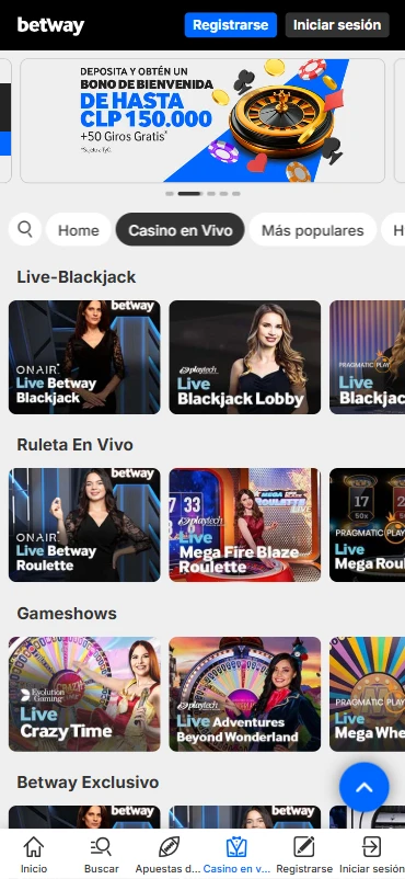 juegos de casino en vivo betway ruleta blackjack game shows baccarat poker