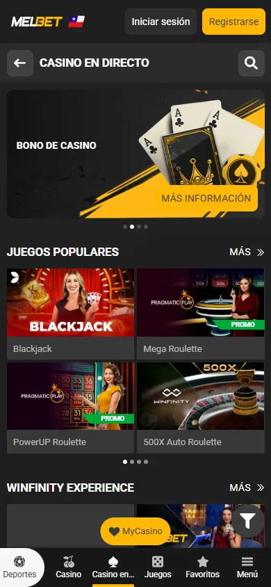 Juegos de casino en directo disponibles en MelBet Chile, incluyendo blackjack y ruleta.
