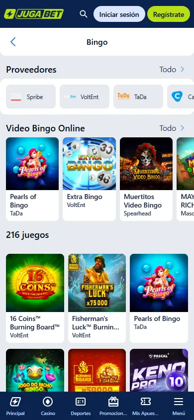 Catálogo de video bingo online disponible en Jugabet.