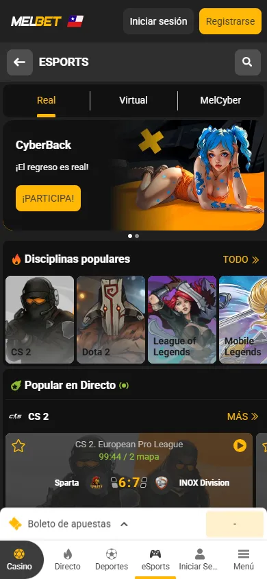 Sección eSports de MelBet Chile.