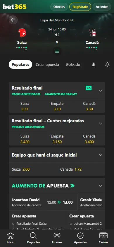 Cuotas de apuestas Bet365 para el partido Suiza vs Canadá.