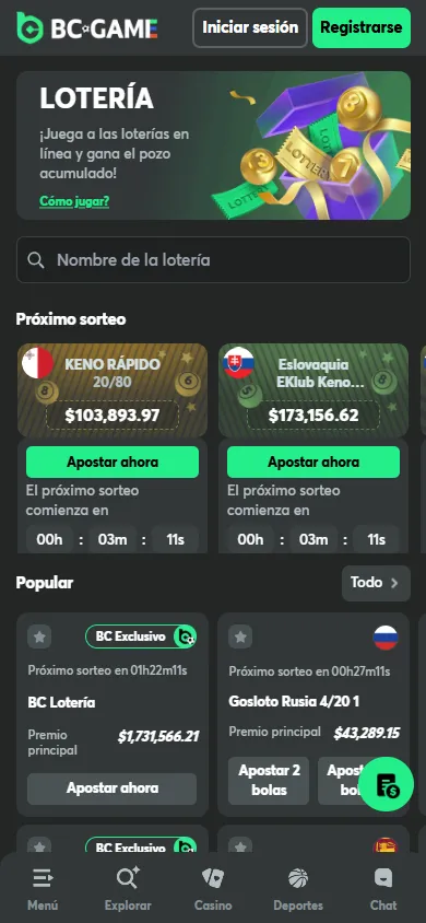 Sección de lotería online en BC.Game México.