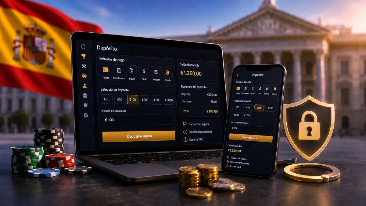 Interfaz de depósito en una plataforma de apuestas y casino online con bandera de España y símbolo de seguridad