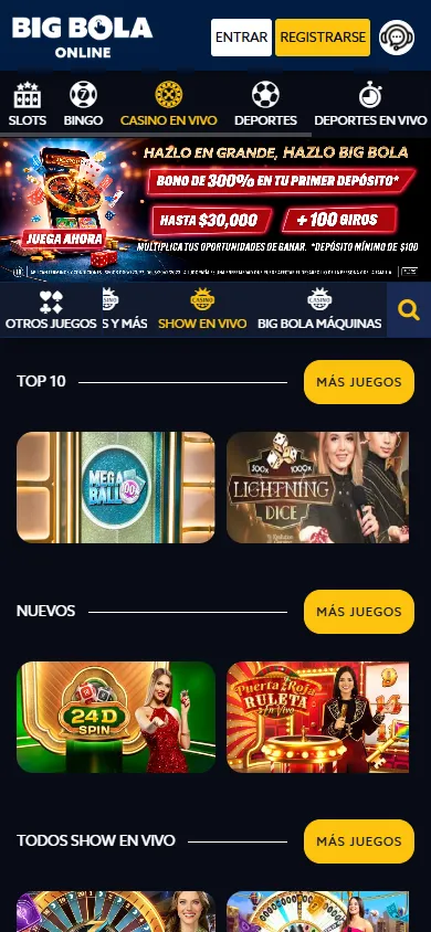 Casino en vivo Big Bola Online con bono 300% hasta $30,000 MXN.