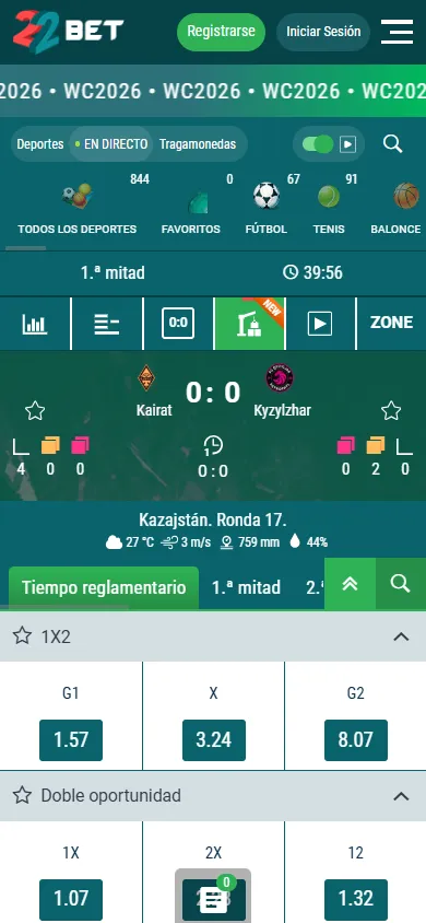 Visualización en directo de un partido con estadísticas y cuotas en 22Bet.