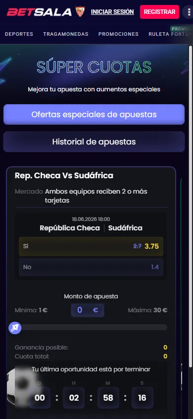 Sección Súper Cuotas de Betsala con mejora especial en apuesta de fútbol.