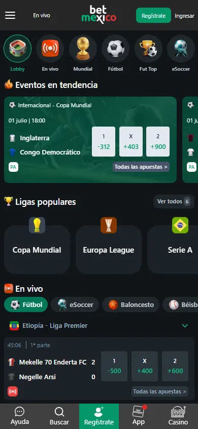 Lobby de apuestas deportivas en vivo de BetMexico con Copa Mundial.
