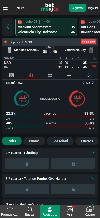 Estadísticas de baloncesto en vivo en BetMexico con mercados activos
