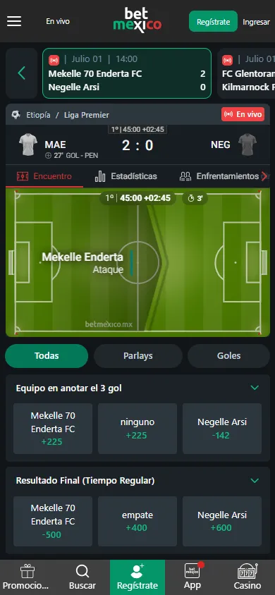 Apuesta en vivo con estadísticas de partido en BetMexico.