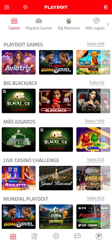 Lobby del casino online Playdoit con slots y blackjack.