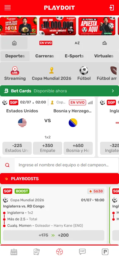 Sección de apuestas en vivo de Playdoit con cuotas en tiempo real.