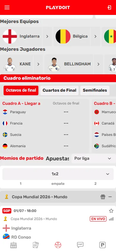 Copa Mundial 2026 en Playdoit con cuadro eliminatorio y momios.