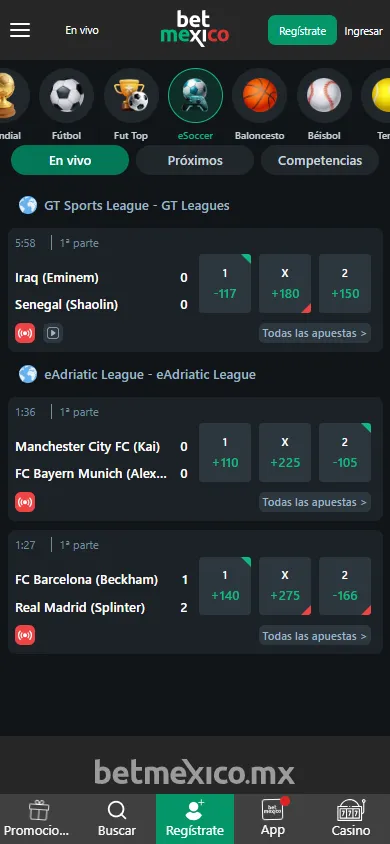 eSoccer en vivo con múltiples ligas y cuotas en BetMexico.