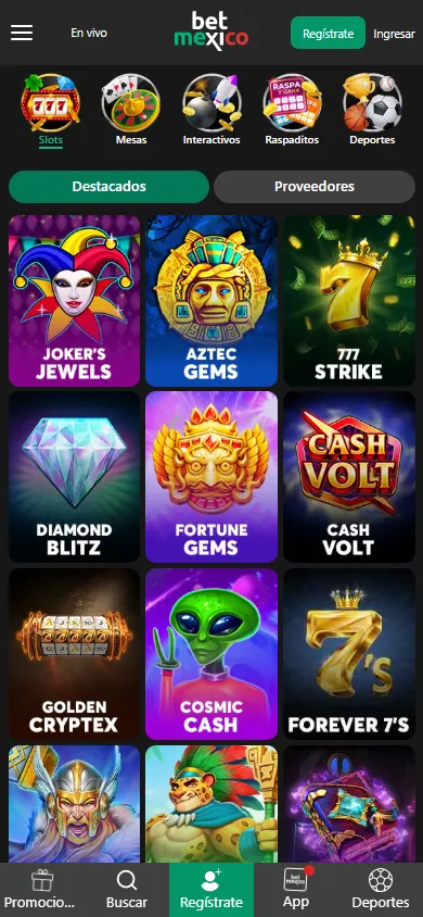 Lobby de slots de BetMexico con juegos destacados por proveedor.
